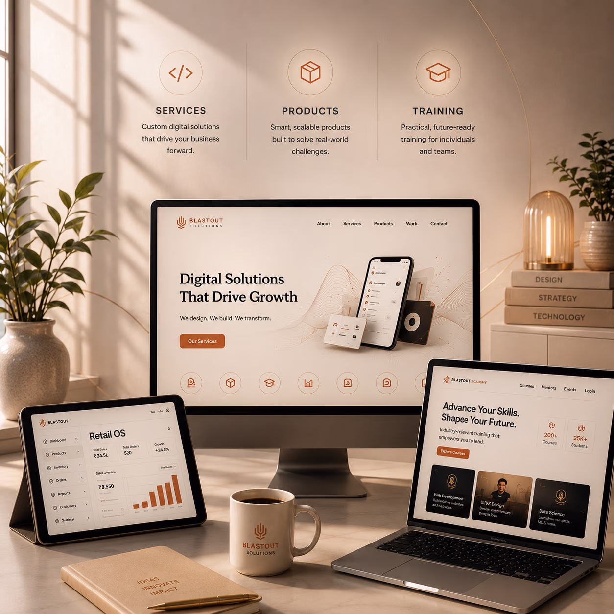Blastout Solutions digital workspace showing services, products, and training across desktop, tablet, and laptop screens
