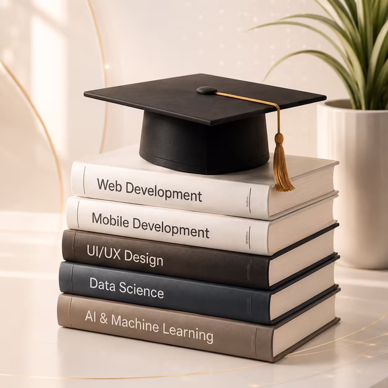 Technology training books with graduation cap representing web, mobile, UI/UX, data science, and AI learning paths