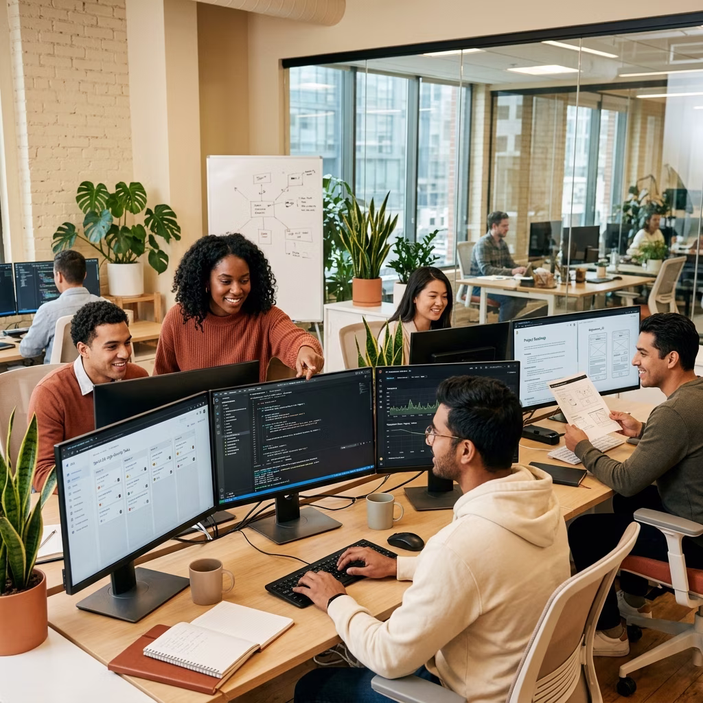 Development team building real projects — pair programming and code review