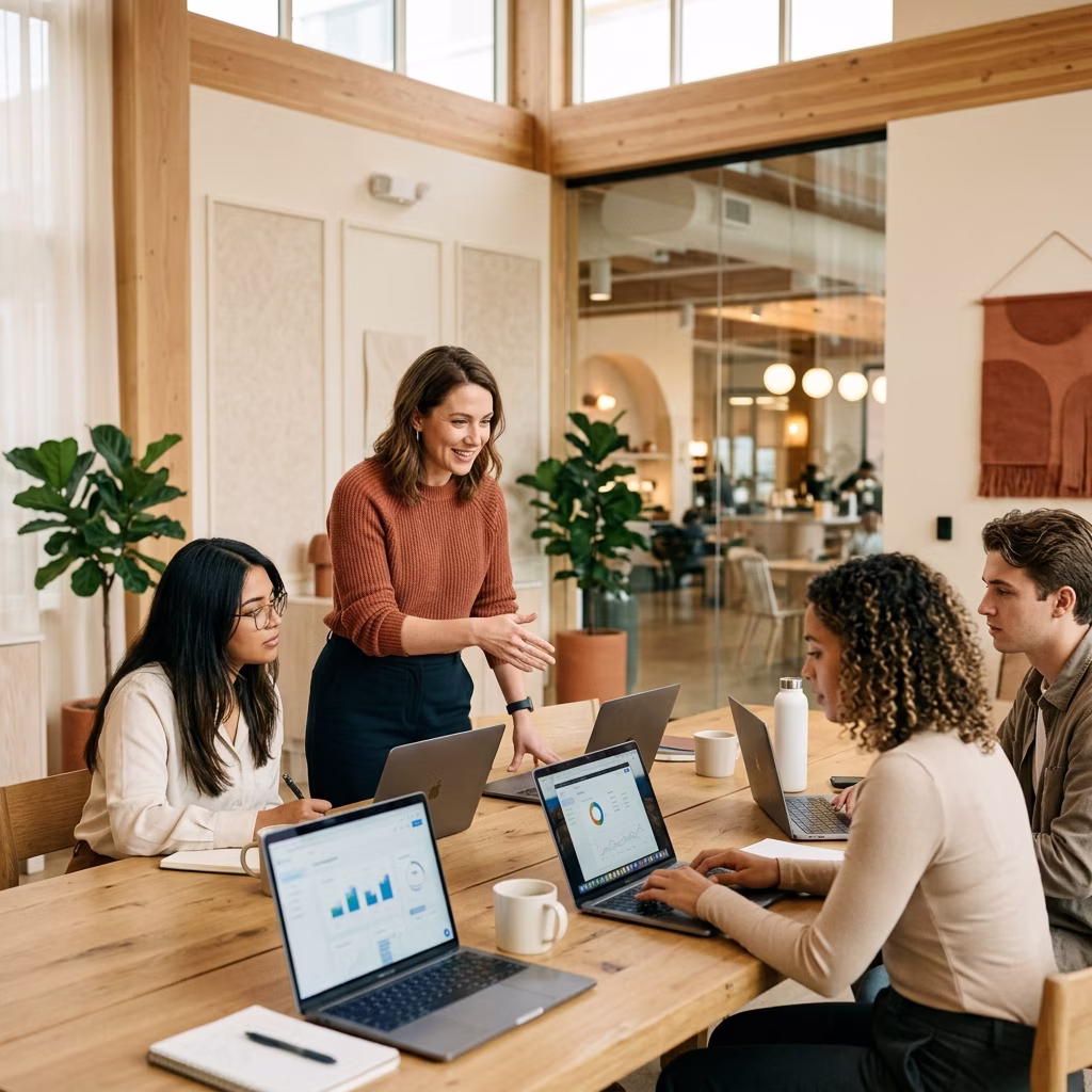 Professional training environment — mentor guiding learners on real projects